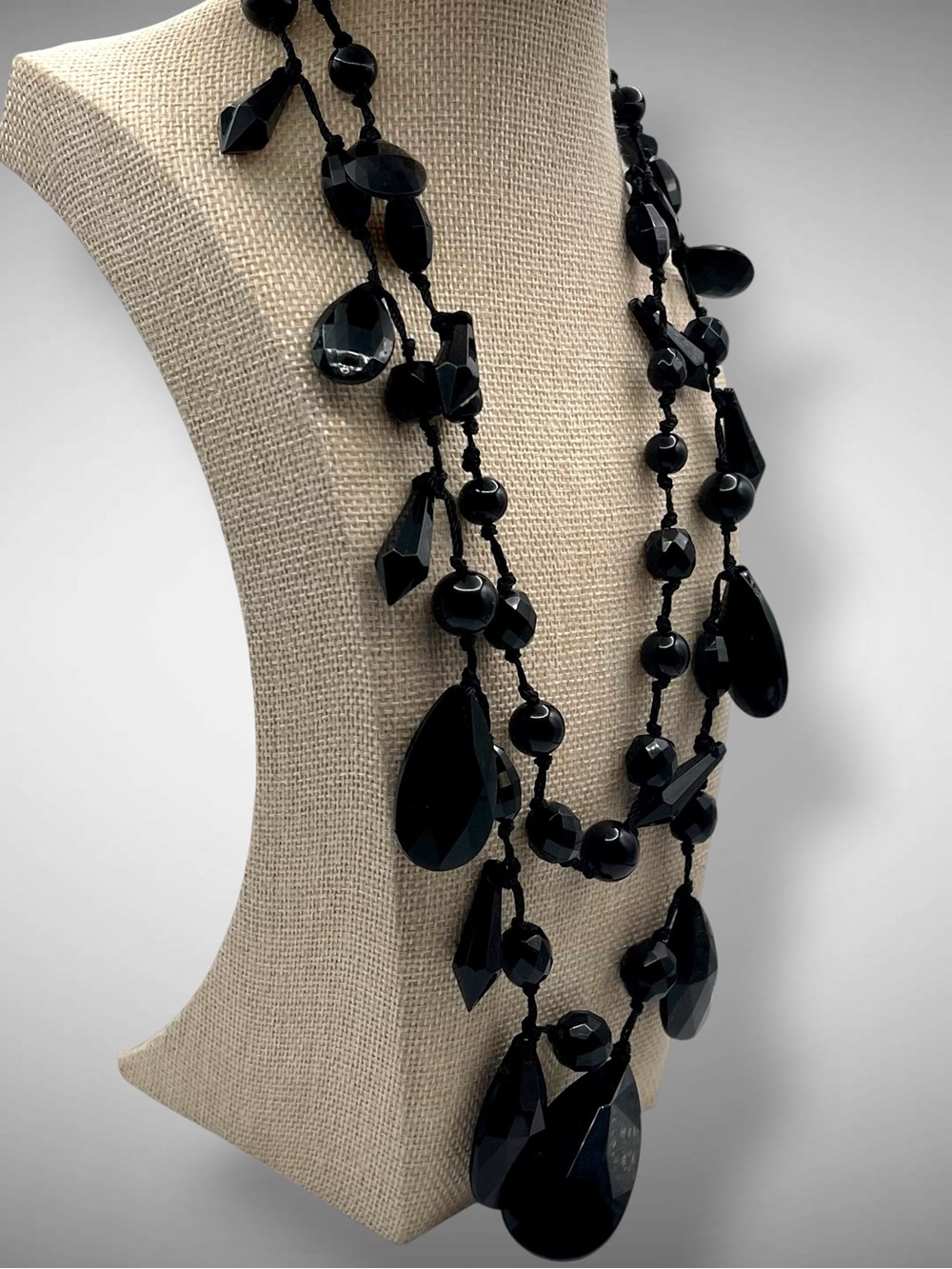 Joan Rivers Black Lucite Waterfall Faceted Bead Layered Bib Statement Necklace